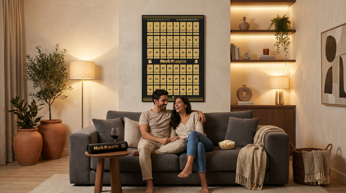 Pareja preparando una noche de cine en casa con el póster Movie Roulette